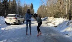 Top 14 min! Two girls BAREFOOT comparing eight pairs of high heels on very slippery ice and snow (Part #1)