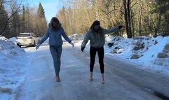 Top 10 min! Two girls BAREFOOT comparing eight pairs of high heels on very slippery ice and snow (Part #2)