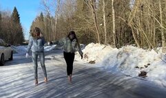 Top 12 min! Two girls BAREFOOT comparing eight pairs of high heels on very slippery ice and snow (Part #3)