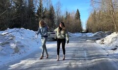 Top 11 min! Two girls BAREFOOT comparing eight pairs of high heels on very slippery ice and snow (Part #4)