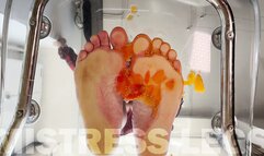 Squeezing cherry tomatoes with bare feet POV on your face (MP4 4K)