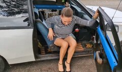 Katherine driving pedal pumping and revving the old chevette