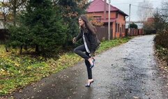 Top 43 min! Sexy Alena in Nando Muzi Slingback Walking with Straps Down in Cold and Rainy Day, Shoeplay