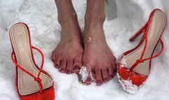 Barefoot on snow from Sexy Alena! High heels in snow, playing foot with snow, shoeplay on snow, shivering