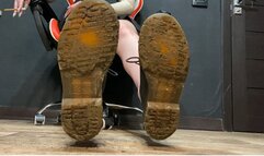 Really muddy DrMartens soles on My slaves face, spitting and shaking ashes into his mouth