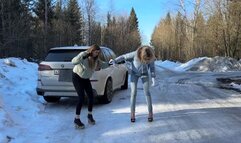 Top 11 min! Two girls BAREFOOT comparing eight pairs of high heels on very slippery ice and snow (Part #5)