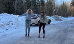 Top 10 min! Two girls BAREFOOT comparing eight pairs of high heels on very slippery ice and snow (Part #6)