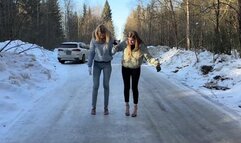 Top 9 min! Two girls BAREFOOT comparing eight pairs of high heels on very slippery ice and snow (Part #7)