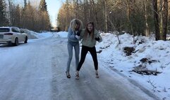 Top 10 min! Two girls BAREFOOT comparing eight pairs of high heels on very slippery ice and snow (Part #8)