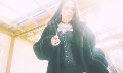Smoking Outside In A Corset and Fur Jacket