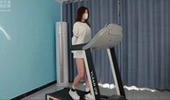 xy150-Chinese girl in handcuffs and shackles walks on a treadmill