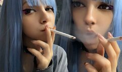 Blue Hair Goth Chick Smoking in bathroom