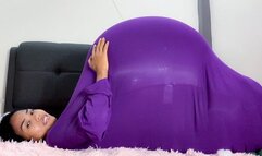 Sexy Camylle Stuffs Her Purple Jumper With Cotton Balloon Boobs Tummy And Butts Then Pops Them