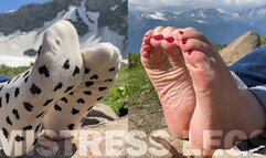 Foot teasing in white socks and barefoot on the top of the mountain (MP4 4K)