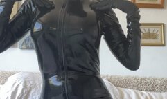 latex rubber catsuit and hood and gloves , butt plug and dildo tease