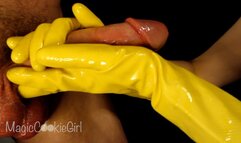 Draining his cock with yellow kitchen gloves