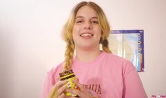 Girls Out West - Pigtailed blonde enjoys Vegemite then fingers and toys her hairy cunt