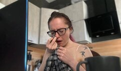 Emma sits at the computer, drinks coffee and picks her nose with great pleasure, making smudges everywhere - part 23