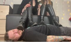 My friend and I use My slave as a footrest under our boots