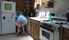 Paper bag over Maid's Head while sweeping the kitchen