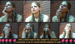 Amazonka smokes- Takes a deep drag of her cigarette, savoring it alongside a cup of coffee before heading to work