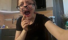 Emma gapes with her big mouth and plays with glasses - part two, where Emma yawns