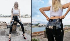 Anastasia walking outdoors in her creaky pvc leggings