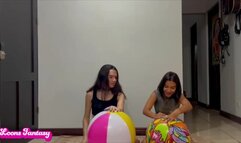 Akina and Owllete blow up and pops 2 beach balls