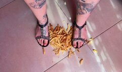 crush French fries in flat sandals