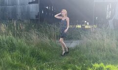 ASMR girl in high-heeled shoes walks through a landfill where she holes everything in her path with her heels