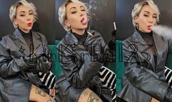 Chainsmoking wearing all Leather with Red lipstick- Kinkerbell23