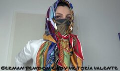 Styling of silk fabric mask and headscarf - and you masturbate!