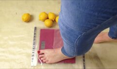 92 kg tall French girl - lemons crush fetish barefoot size 13 feet on a weight scale under heavy soles of giantess girl