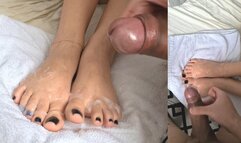 Cum on my black toes! Extra cum from 3 saved cumshots!