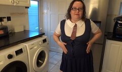 Naughty wife in Collage uniform playing with shaven pussy