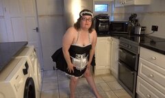 French maid in the kitchen playing hard with big black Dildo