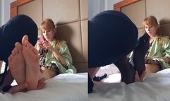 He licks and sniffs my pantyhose feet and then my bare feet SD - WMV