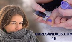 Teresa puts nail polish on her toes barefoot in snow - 12400 - 4K