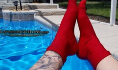 Sock Feet make a Splash, Soaking Wet Soles Close Ups and a Bare Foot, Dripping Toes Reveal at the Poolside! Mobile friendly streaming SD version