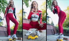 Marlboro girl chain smokes while crush your toy car with her superstars