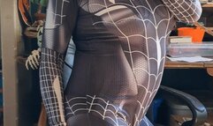 Wearing Skin Tight Spidey Body Suit Blowing Big Blue Balloon