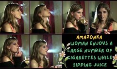 Amazonka woman enjoys a large number of cigarettes while sipping juice