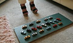 GIANTESS Charn crushes 20 tiny toy cars in chunky high heels high left view feet foot toy car crush