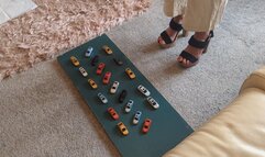 GIANTESS Charn crushes 20 tiny toy cars in chunky high heels extra high right view feet foot toy car crush