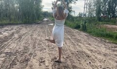 a girl in ballet flats went onto a country road where there is a lot of slippery mud, she slips and her ballet flats are all covered in mud (reupload)