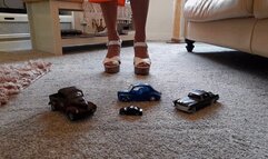 GIANTESS Charn crushes 4 plastic model cars in chunky white high heels 4 views in one video feet foot toy car crush