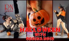 HALLOWEEN Witch in Rtgina Noir witch with pumpkins and a broom Regina Noir Velma Dinkley Yellow pantyhose Performing in old house at stairway