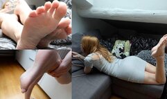 Beauty foot fetish girl dirty barefeet walking into the room