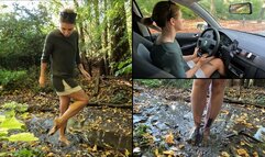 Nicky walks barefoot in the ankle deep mud