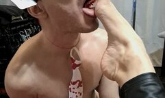 dominatrix GospodaricaEmma feeding Her choosen one slave Wolfy01 with Her feet and slave worshipes them and eats from them coffee with cream, candy, yogurt, pasta it was messy and horny